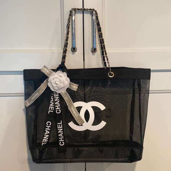 CHANEL Handbags - Chanel Mesh Tote with Authentic Ribbon (Black and Gold) & Camellia Flower